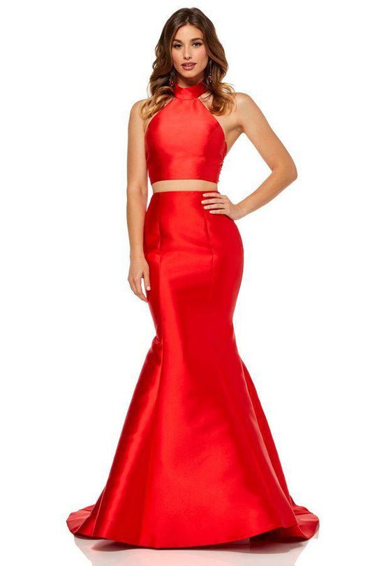 Sherri Hill - 52579 Two Piece High Halter Neck Mikado Dress In Red