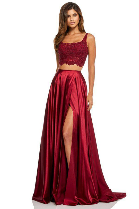 Sherri Hill - 52600 Two Piece Lace and Satin A-line Dress In Red