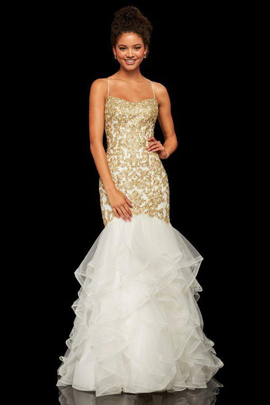 Sherri Hill - 52560 Metallic Lace Ruffled Tulle Mermaid Dress In White and Gold