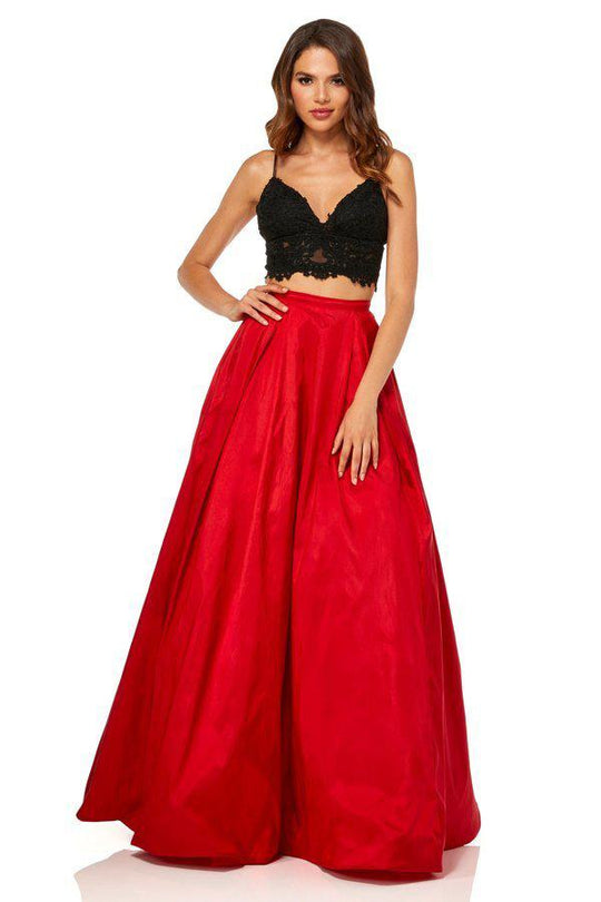Sherri Hill - 52604 Two Piece Lace V-neck Metallic A-line Dress In Black and Red