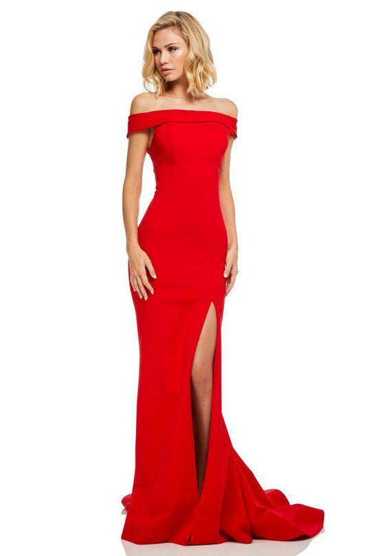 Sherri Hill - 52607 Off-Shoulder Scuba Mermaid Dress With Train In Red