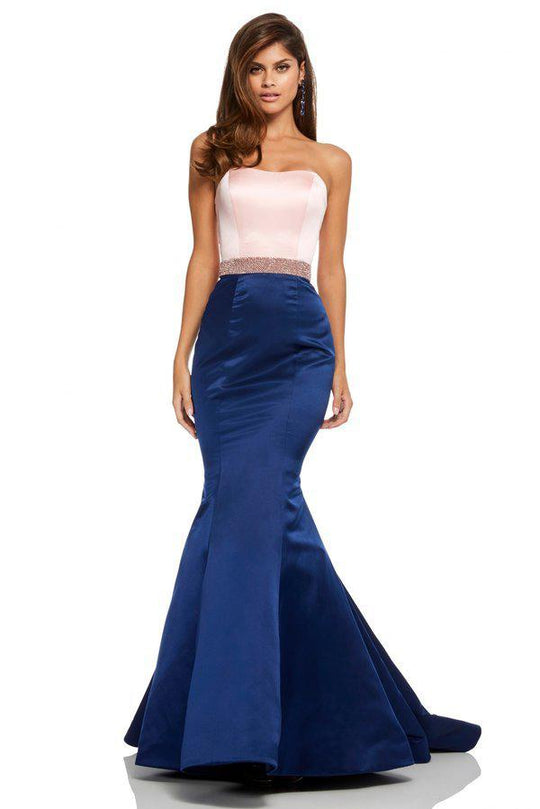 Sherri Hill - 52616 Strapless Satin Mermaid Gown with Beaded Waistband In Pink and Blue