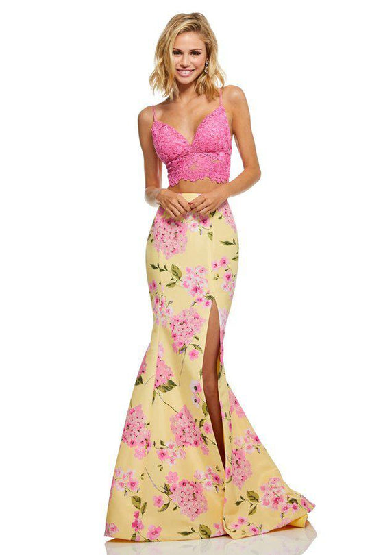 Sherri Hill - 52635 Two Piece V-neck Print Mermaid Dress In Pink and Yellow