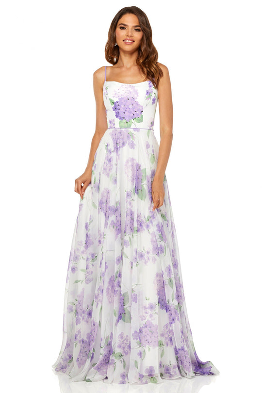 Sherri Hill - 52636 Square A-line Print Dress In White and Purple
