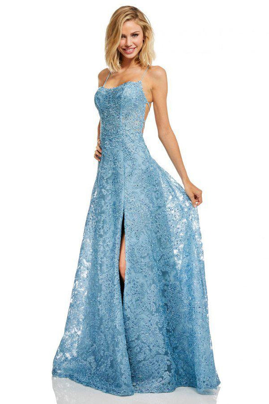 Sherri Hill - 52646 Metallic Lace A-Line Dress with Slit In Blue