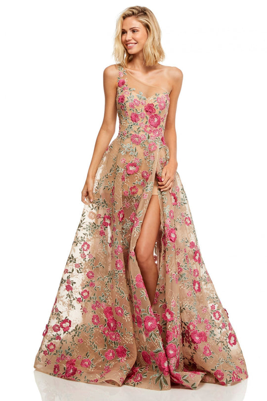 Sherri Hill - 52658 Asymmetric Long A-line Dress In Neutral and Pink