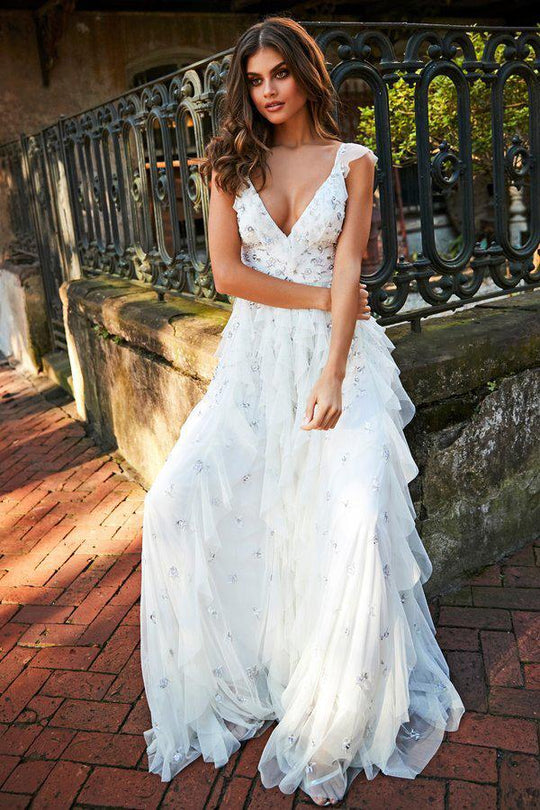 Sherri Hill - 52668 Embroidered Plunging V-Neck Ruffled Dress In White