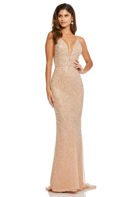 Sherri Hill - 52689 Beaded Plunging V-Neck Evening Dress In Neutral