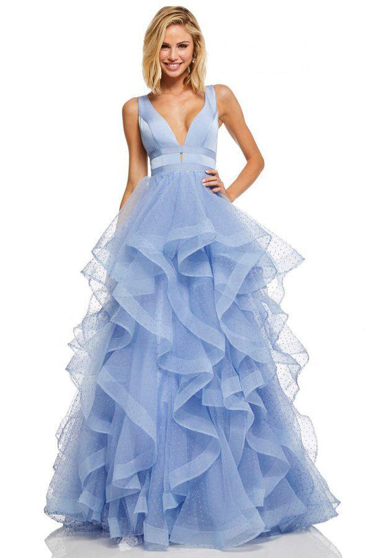 Sherri Hill - 52691 Ruffled Plunging V-Neck Empire Ballgown In Blue