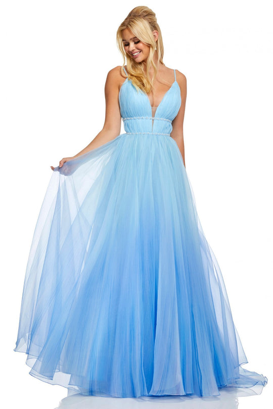 Sherri Hill - 52707 Deep V-neck Organza Ballgown With Train In Blue