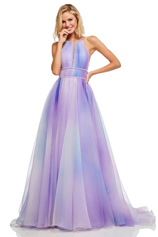 Sherri Hill - 52711 Halter Neck Organza Ballgown With Train In Purple