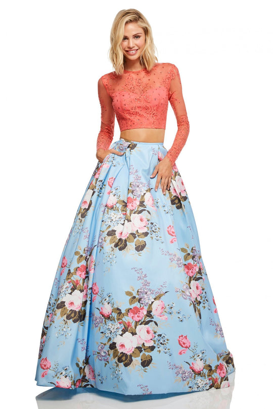 Sherri Hill - 52717 Two Piece Beaded and Floral Print Mikado Ballgown In Pink and Blue