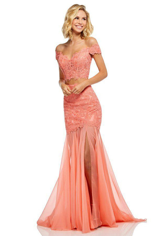 Sherri Hill - 52719 Two Piece Lace Off-Shoulder Chiffon Trumpet Dress In Orange and Pink