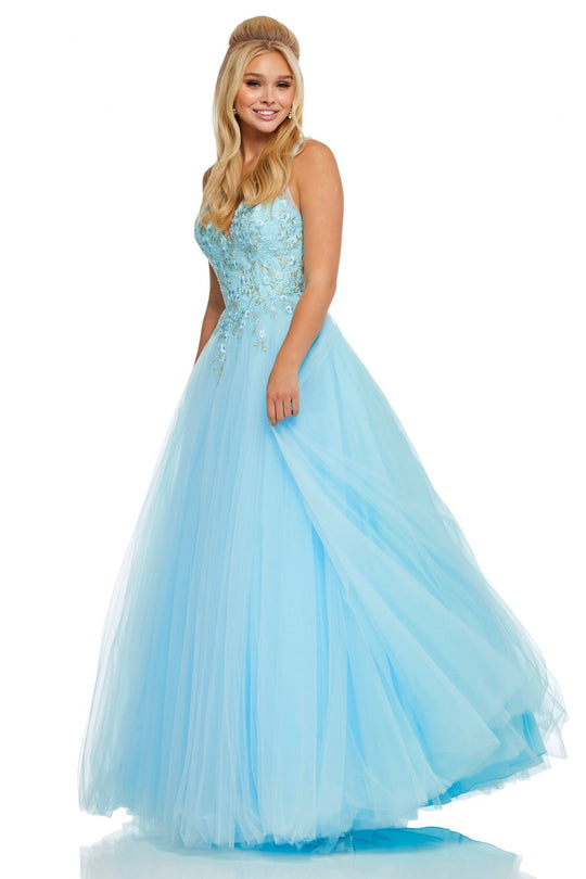 Sherri Hill - 52738 Embroidered V-neck Tulle Ballgown In Blue