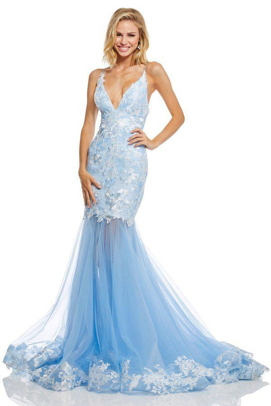 Sherri Hill - 52741 Lace Deep V-neck Tulle Mermaid Dress In Blue