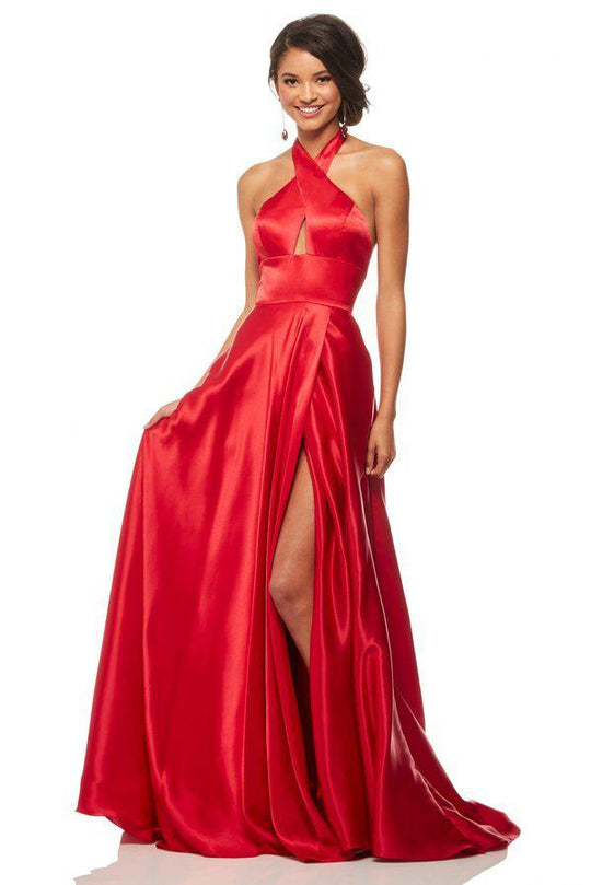 Sherri Hill - 52745 Cross Halter Charmeuse A-line Gown In Red