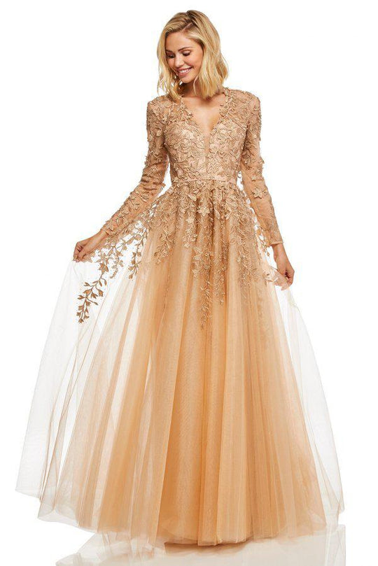 Sherri Hill - 52746 Plunging V-Neck Long Lace Dress In Gold