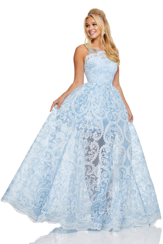 Sherri Hill - 52758 Lace Embroidered Ballgown With Scalloped Hem In Blue and White