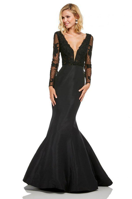 Sherri Hill - 52766 Lace Deep V-neck Mermaid Dress With Train In Black