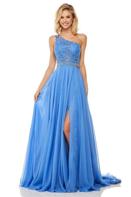 Sherri Hill - 52770 Lace One Shoulder Chiffon A-line Gown In Blue