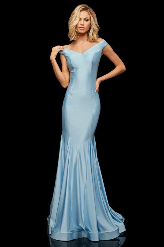 Sherri Hill - 52783 Satin Off Shoulder Mermaid Gown In Blue