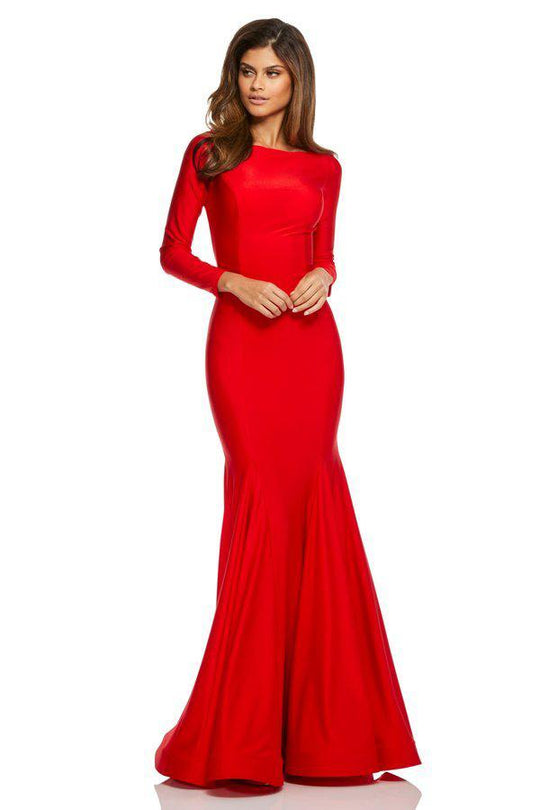 Sherri Hill - 52785 Long Sleeve Bateau Satin Trumpet Dress In Red