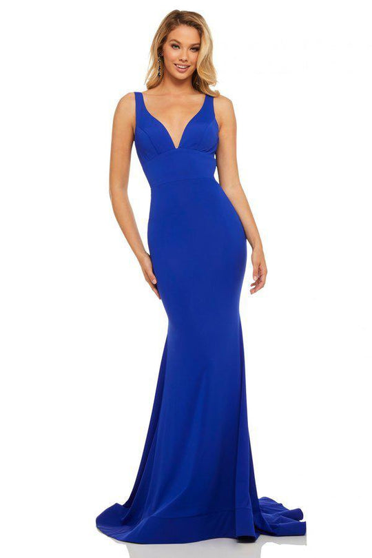 Sherri Hill - 52790 Plunging V-Neck Fitted Open Back Evening Dress In Blue