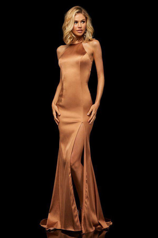 Sherri Hill - 52795 High Halter Trumpet Dress With Train In Brown