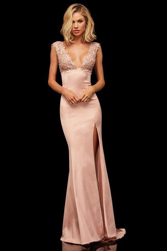 Sherri Hill - 52796 Plunging V-Neck Lace Gown with Slit In Pink