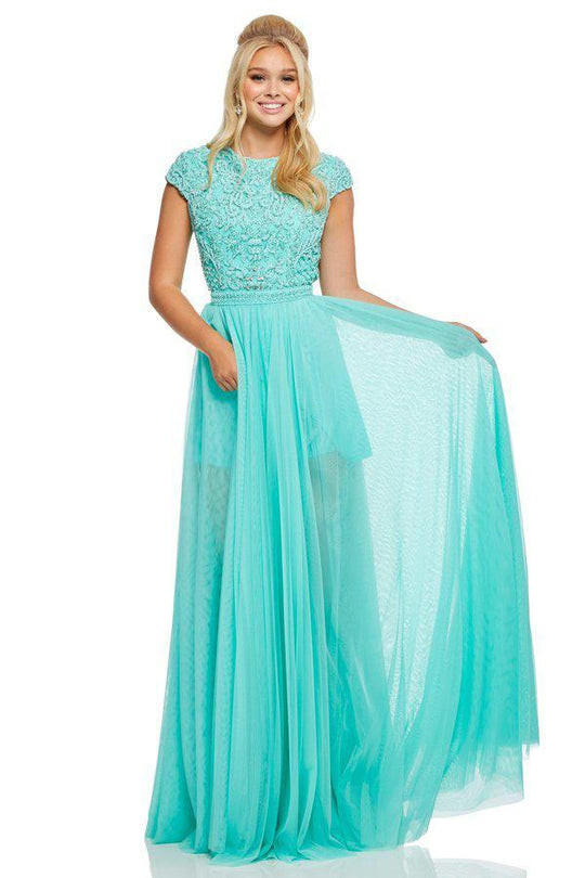 Sherri Hill - 52801 Beaded Cap Sleeved A-Line Long Dress In Blue