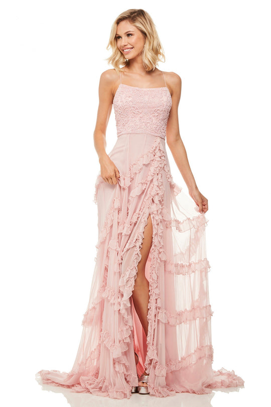 Sherri Hill - 52805 Lace Scoop Neck Chiffon Sheath Dress In Pink