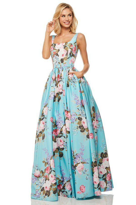 Sherri Hill - 52814 Floral Print Square A-Line Gown In Blue and Print