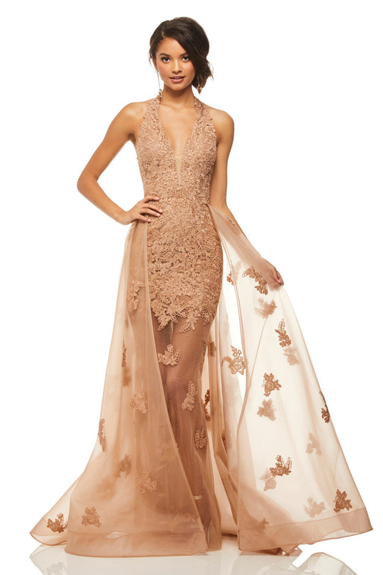 Sherri Hill - 52819 Plunging V- Neckline Lace Appliqued Dress In Brown and Neutral