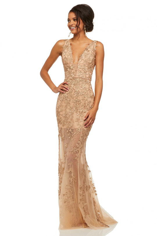 Sherri Hill - 52820 Lace Appliqued Pipe Waist Sheer Gown In Gold and Neutral