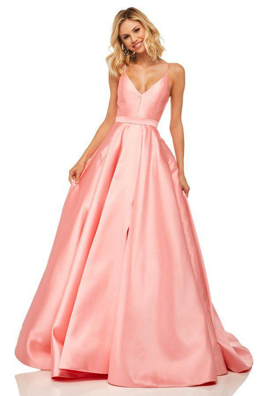 Sherri Hill - 52821 Satin Lace-Up Back V- Neckline A Line Dress In Orange