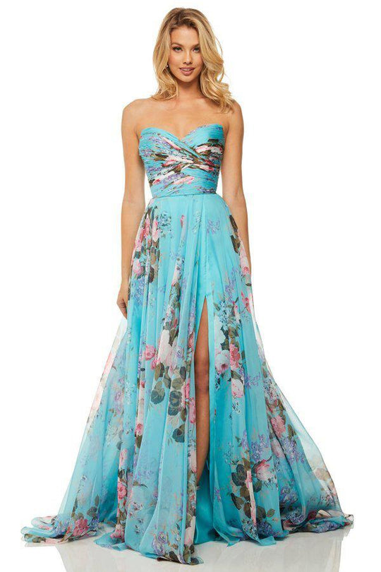 Sherri Hill - 52872 Floral Sweetheart Long A-Line Dress In Blue and Print