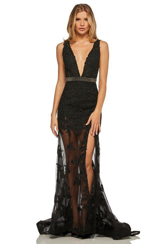 Sherri Hill - 52875 Plunging V-Neck Lace Long Dress In Black