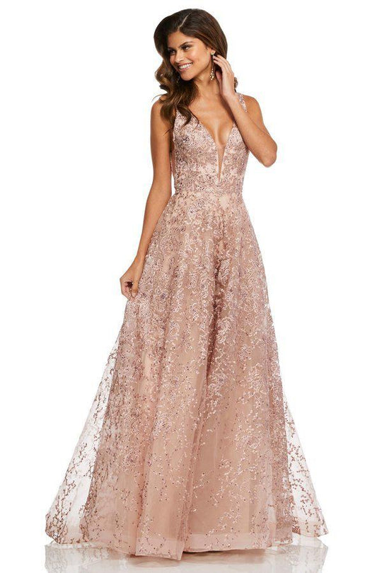 Sherri Hill - 52877 Long Lace Deep V-neck A-line Dress In Pink and Neutral