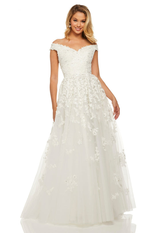 Sherri Hill - 52879 Off-Shoulder Embellished A-line Dress In White
