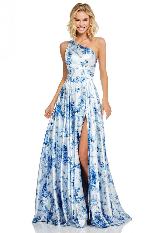 Sherri Hill - 52900 Printed One Shoulder Dress In White and Blue