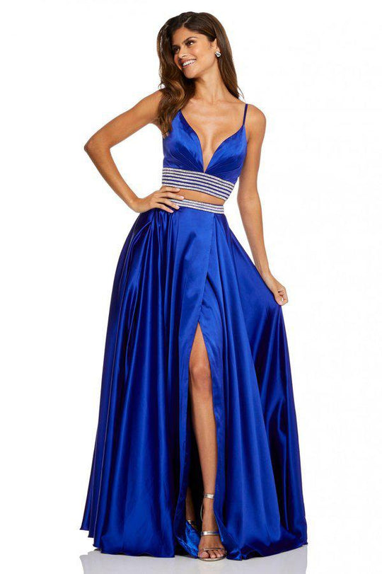 Sherri Hill - 52907 Two Piece Satin Deep V-neck A-line Dress In Blue