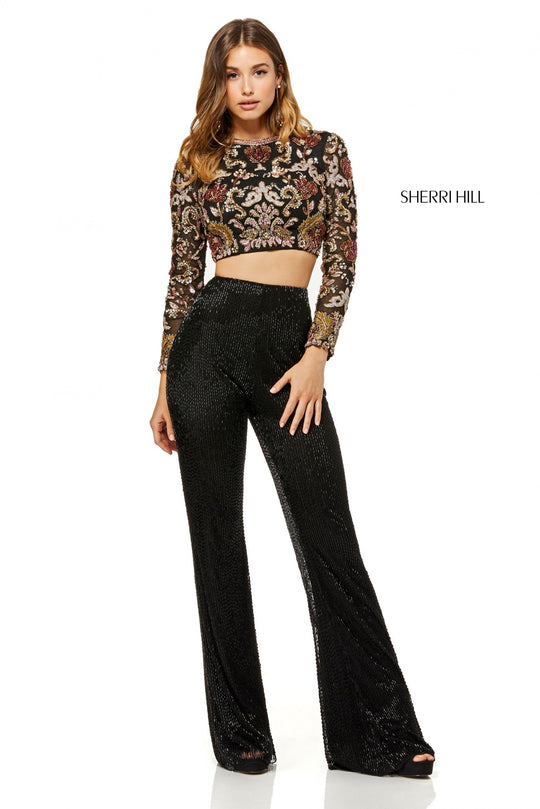 Sherri Hill - 52133 Two Piece Beaded Long Sleeve Pantsuit In Black and Multi-Color