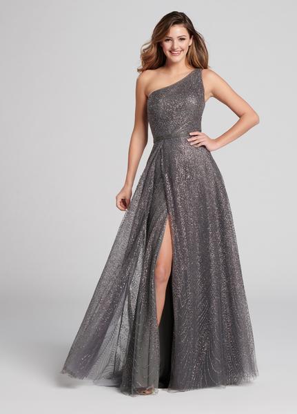 Ellie Wilde - EW21853 Beaded Asymmetrical Neck High Slit Gown In Gray