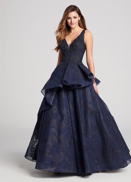 Ellie Wilde - EW21861 Plunging Asymmetrical Peplum Ballgown In Blue