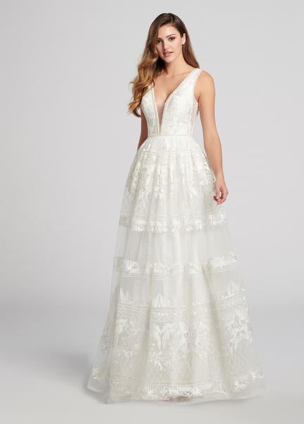 Ellie Wilde - EW21870 Plunging V-Neck Embroidered Lace A-Line Gown In White