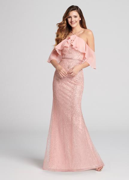 Ellie Wilde - EW21852 Draped Chiffon Off Shoulder Bejeweled Gown In Pink