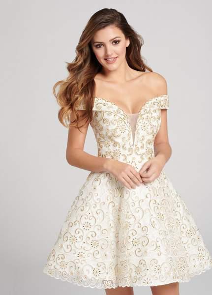 Ellie Wilde - EW21871S Off Shoulder Illusion Neckline Cocktail Dress in White