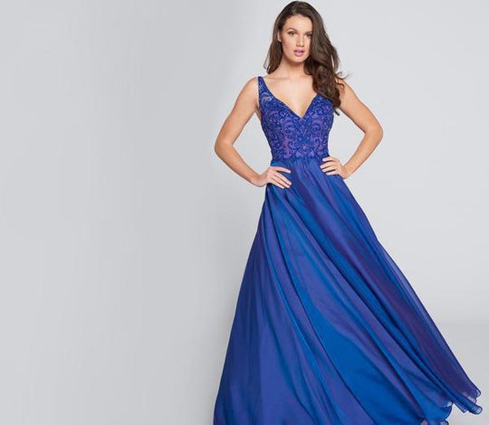Ellie Wilde - EW21753 Sleeveless Swirl Beaded Chiffon Long Dress In Blue