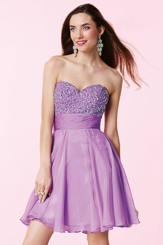 Alyce Paris - Strapless Sequined and Pleated Sweetheart Neck Short Chiffon Dress 3655 In Purple