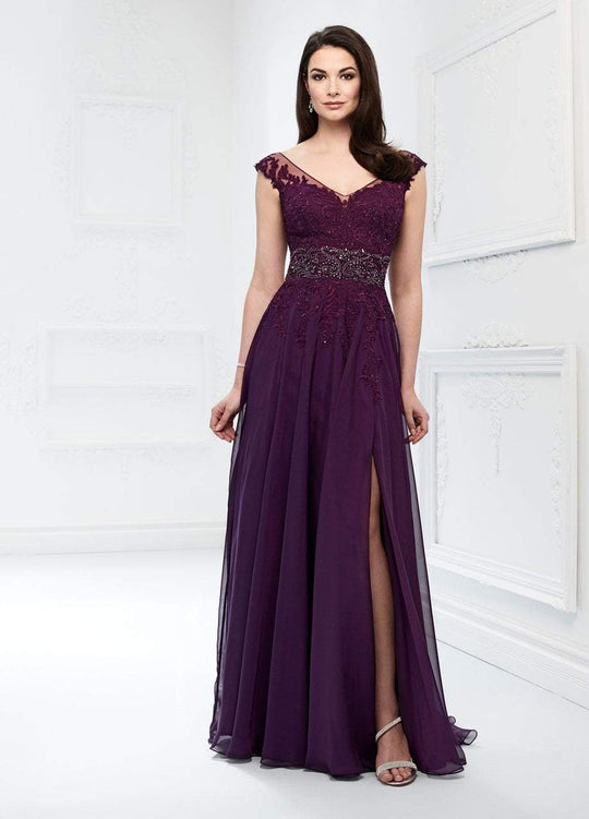 Montage by Mon Cheri - 218911W Beaded Lace V-neck Chiffon A-line Gown in Purple